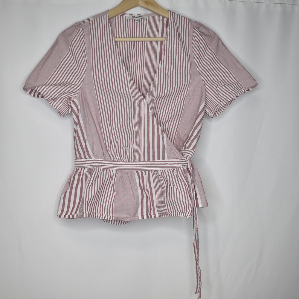 Madewell Women's Top Striped Ruffle Hem Wrap Short Sleeve Cotton